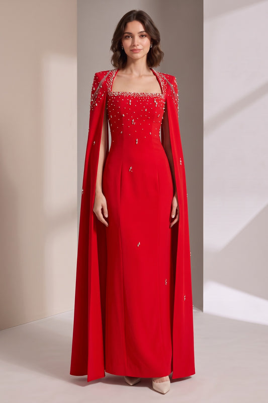 red heavy crepe column evening gown red heavy crepe evening gown - product view 3