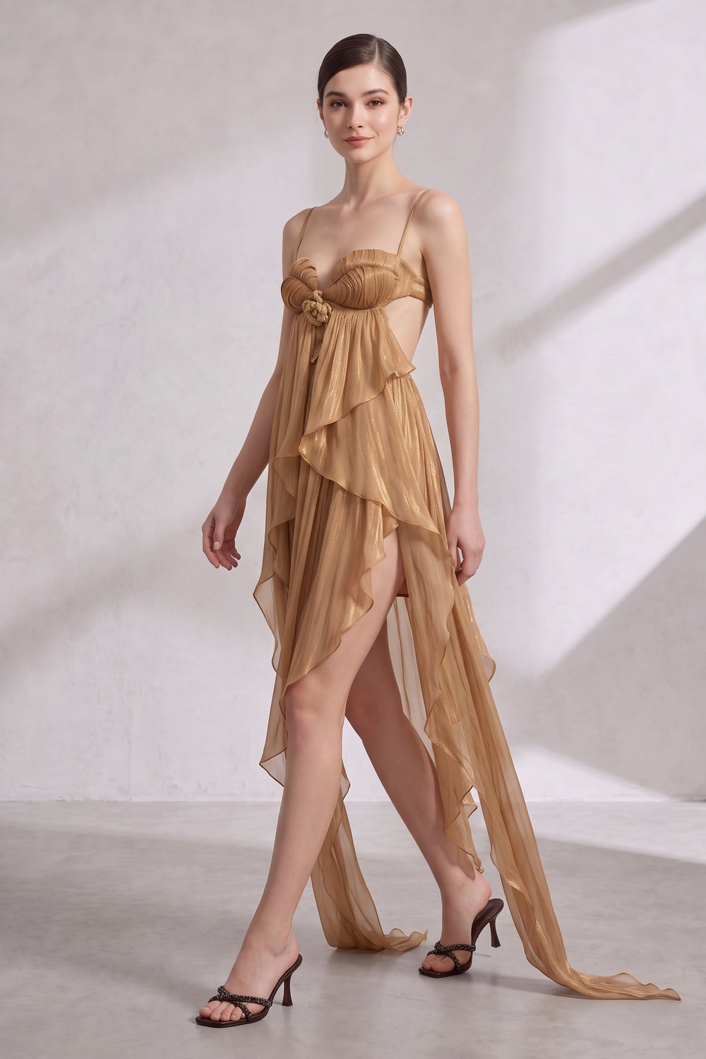 Gold Sheer Chiffon Asymmetrical High-Low Draped Dress with Open Back gold, bronze sheer chiffon dress - product view 3