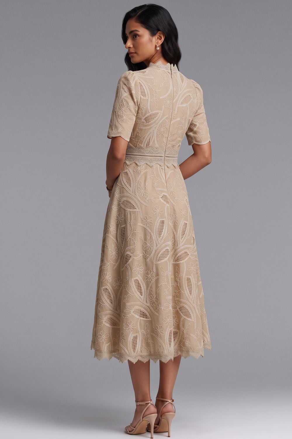 Beige Embroidered Organza A-Line Midi Dress beige embroidered organza or linen-blend dress - product view 4