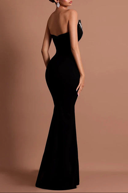 tiffany off-shoulder Rhinestone maxi dress in black