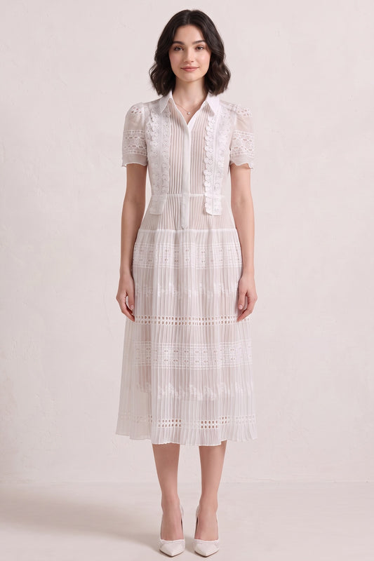White Semi-Sheer Pleated Midi Dress with Lace Inserts white semi-sheer lightweight woven dress - product view 4