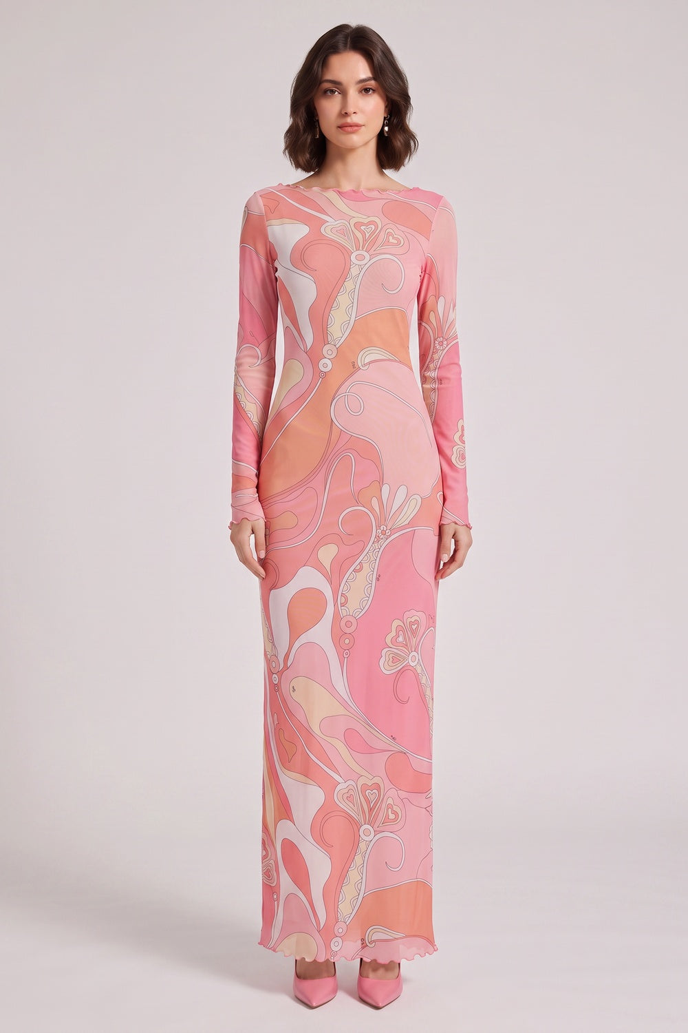 Pink Abstract Print Long Sleeve Maxi Dress with Ruffle Trim Premium Fabric - product view 5