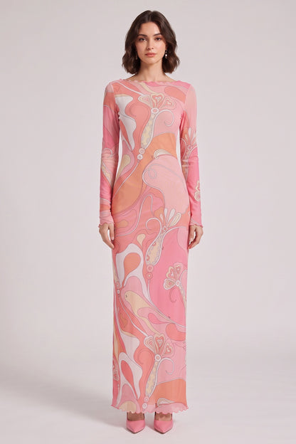 Pink Abstract Print Long Sleeve Maxi Dress with Ruffle Trim Premium Fabric - product view 5
