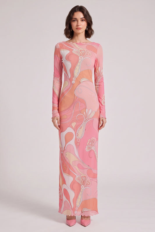 Pink Abstract Print Long Sleeve Maxi Dress with Ruffle Trim Premium Fabric - product view 5
