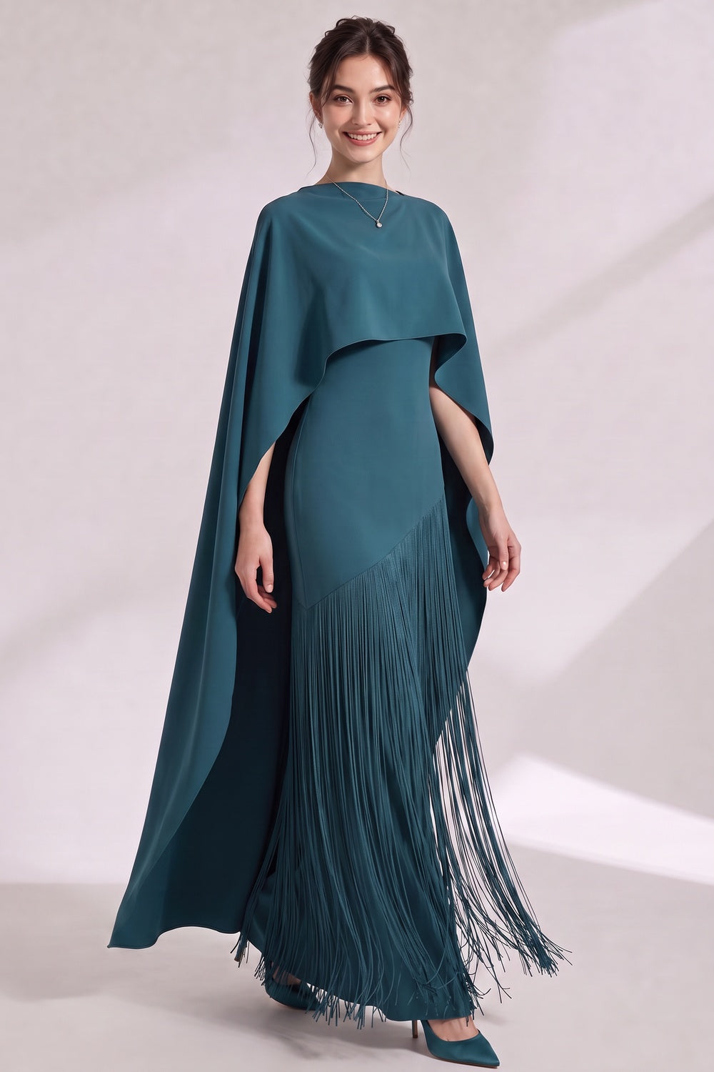 Teal Matte Crepe Column Evening Gown with Asymmetrical Cape Overlay teal matte crepe evening gown - product view 4