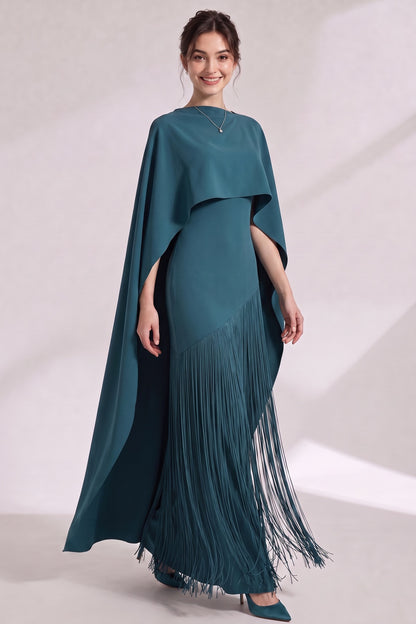 Teal Matte Crepe Column Evening Gown with Asymmetrical Cape Overlay teal matte crepe evening gown - product view 4