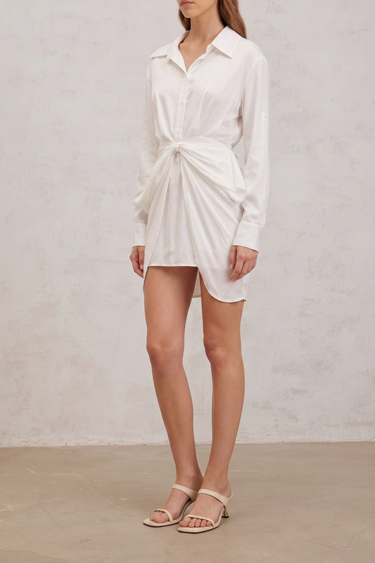 Collared Long Sleeve Waist Twist Wrap Shirt Mini Dress