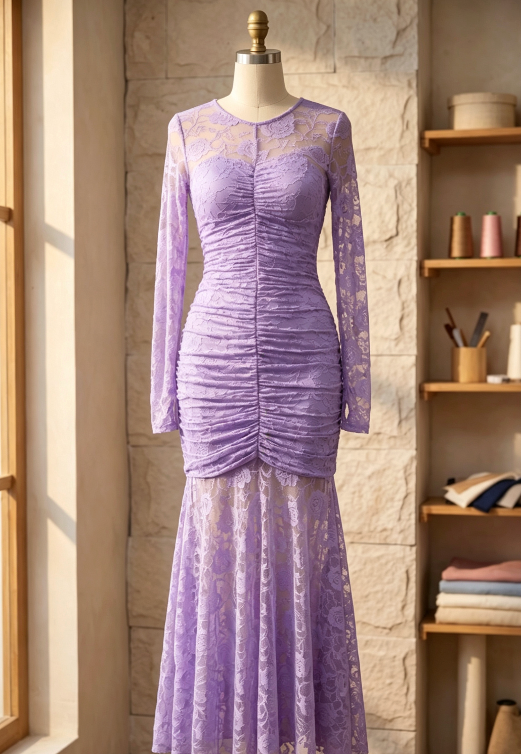 Lavender Floral Lace Mermaid Maxi Dress