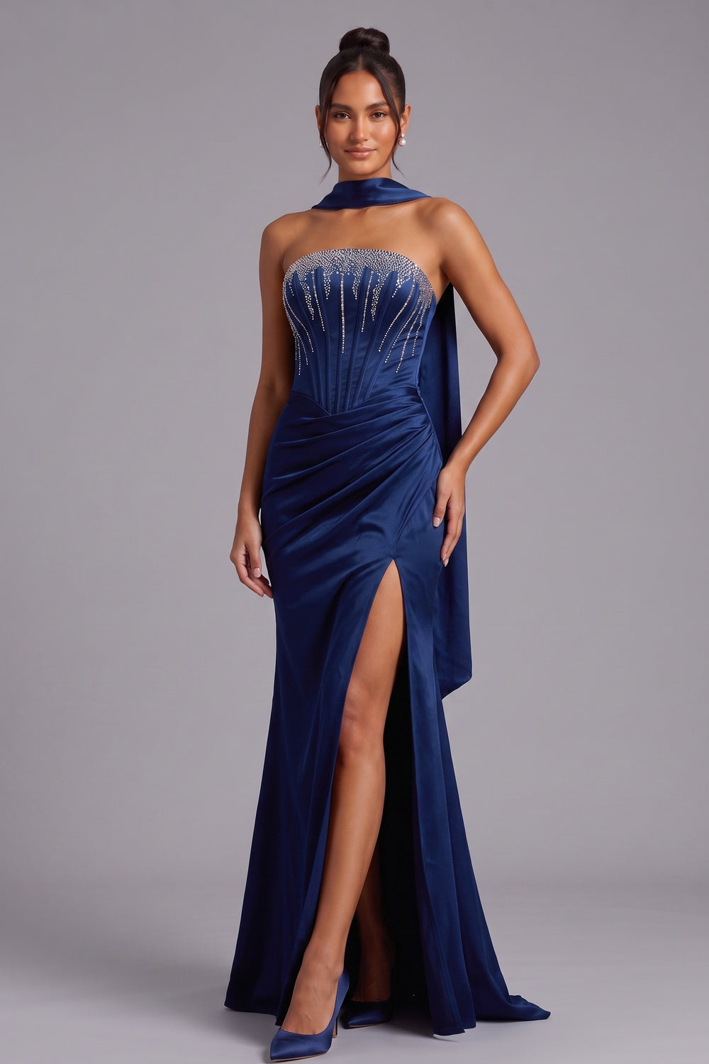 Deep Blue Strapless Evening Gown with Rhinestone Bodice and Cape Detail Premium Fabric - product view 4