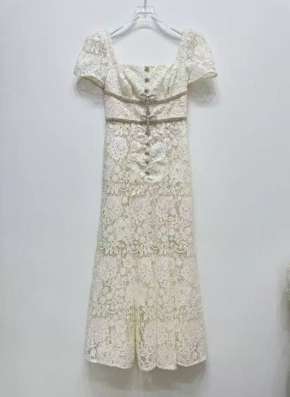 Diamond embellished lace mermaid midi dress