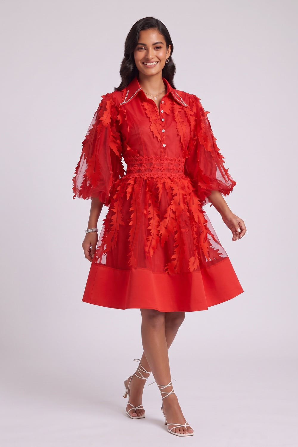 Red Sheer Organza 3D Appliqué Fit-and-Flare Dress red sheer organza with 3D fabric appliqués dress - product view 4