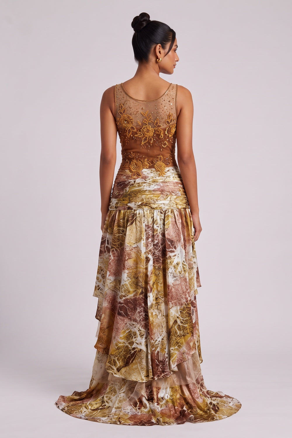 Brown Silk Blend Asymmetric Tiered Gown Dress brown, gold, ochre silk blend dress - product view 5