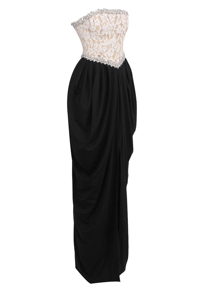sharon Lace Beaded embellished Strapless Maxi Dress in black