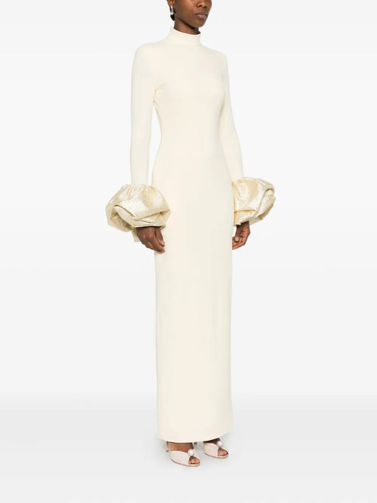 rachel white ruffled crystal-embellished crepe mock-neck gown
