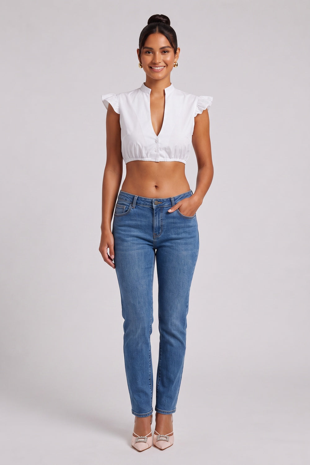White Cotton Poplin Fitted Crop Top Blouse white cotton poplin cropped blouse - product view 1