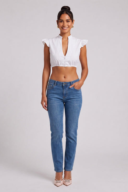 White Cotton Poplin Fitted Crop Top Blouse white cotton poplin cropped blouse - product view 1
