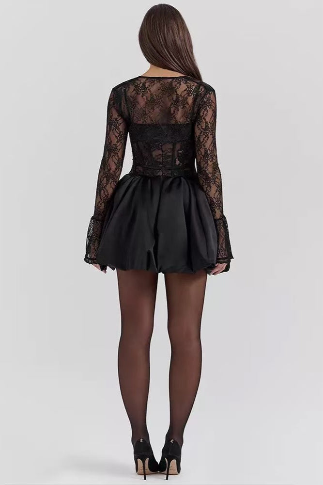 sally lace puffball mini dress in black