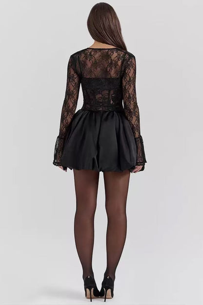 sally lace puffball mini dress in black