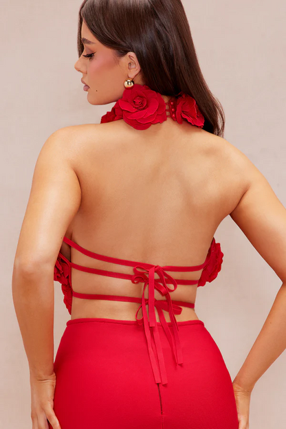 halter 3d flower hollow out backless maxi dress in red