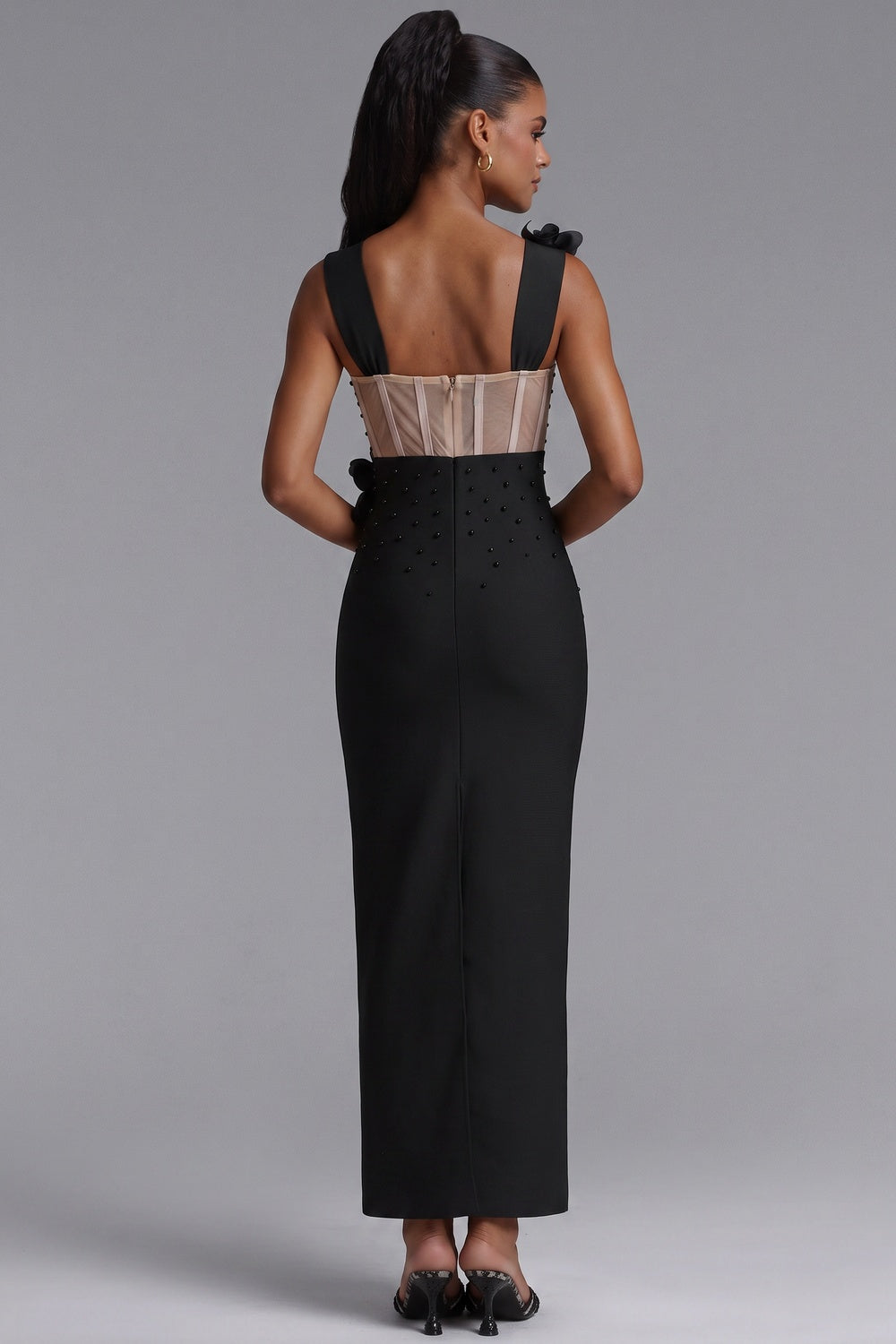 Black Structured Crepe Column Evening Gown with Beaded Bodice black structured crepe evening gown - product view 5