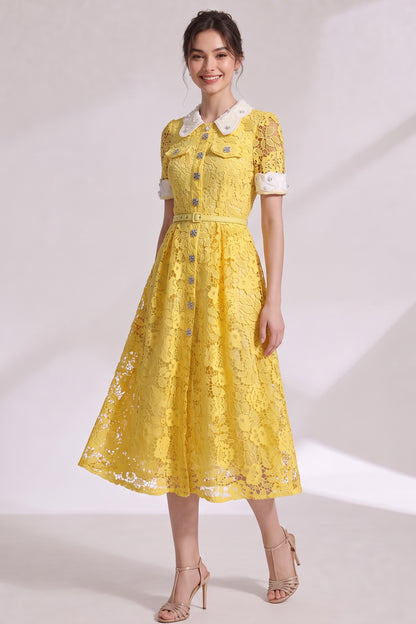 Yellow Guipure Floral Lace A-Line Midi Dress yellow guipure floral lace dress - product view 4