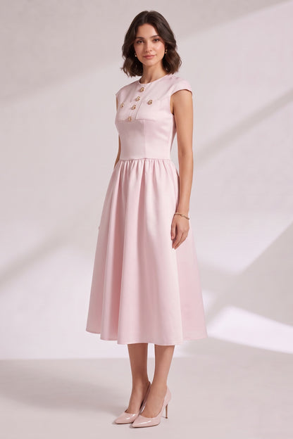 Pink Midi Dress with Cap Sleeves and Back Zipper Premium Fabric - product view 5