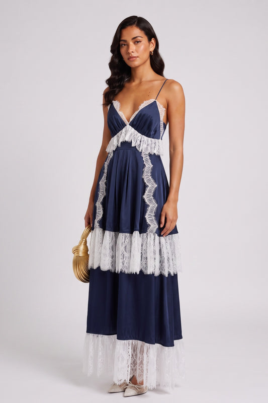 Navy Spaghetti Strap V-Neck Tiered Lace Fringe Maxi Dress