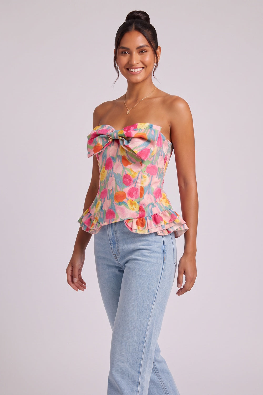 Pink Floral Strapless Corset Top with Peplum pink cotton-blend woven fabric top - product view 4