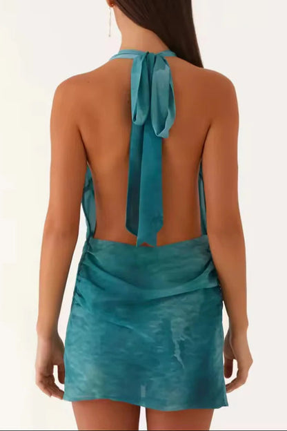 Teal Beach Halter Neck Mini Dress