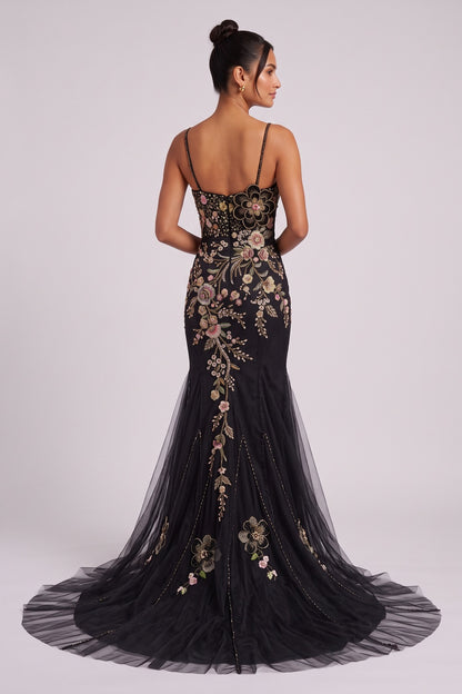 Black Tulle Mermaid Gown with Floral Beadwork black tulle gown - product view 5