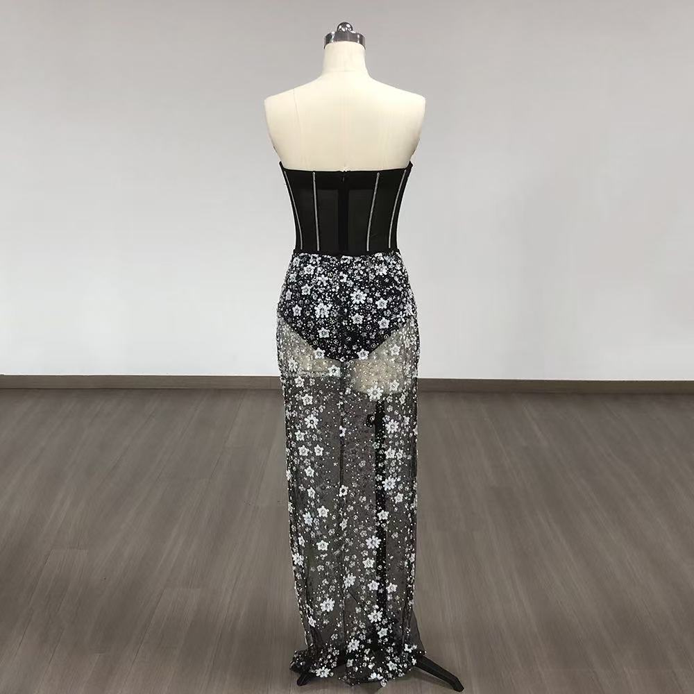 Ophélie black Strapless Corset Sheer sequined flower midi dress