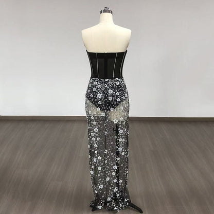 Ophélie black Strapless Corset Sheer sequined flower midi dress