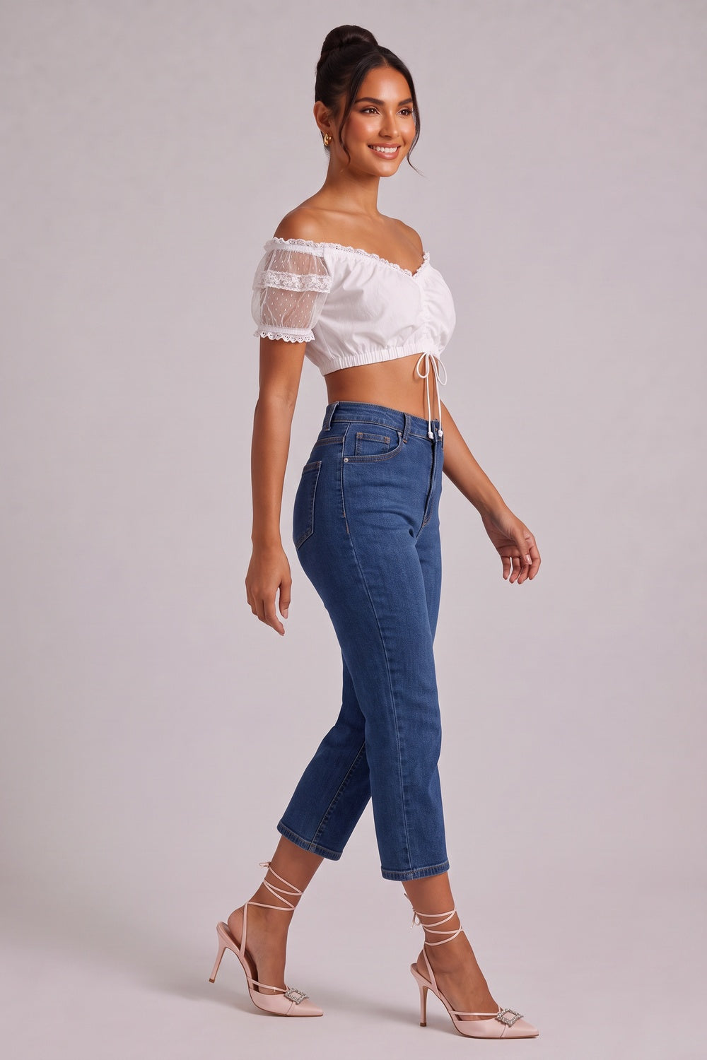 white cotton-blend woven cropped blouse white cotton-blend woven blouse - product view 3