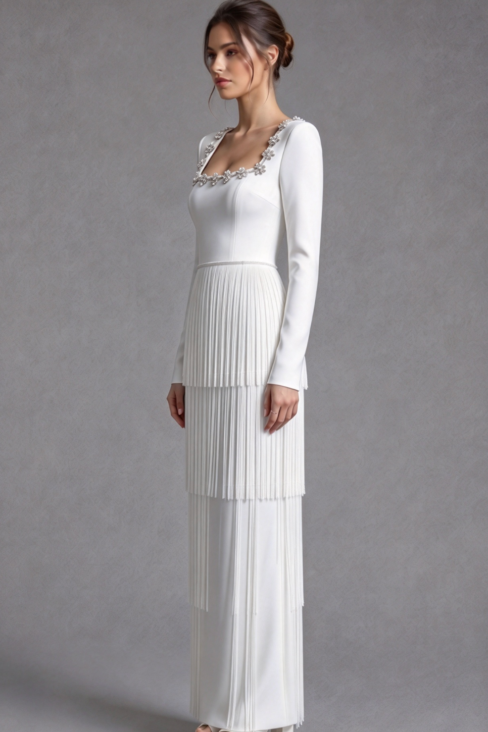 White Structured Crepe Column Gown with Tiered Fringe