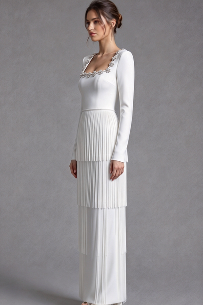 White Structured Crepe Column Gown with Tiered Fringe