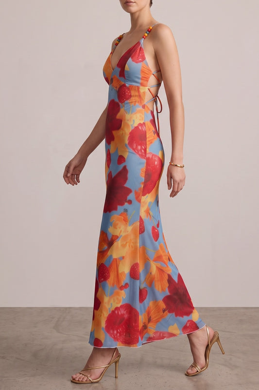 Beaded Strap Tropical Floral Mermaid Maxi Dress