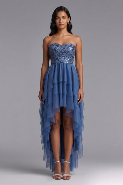 slate blue tulle high-low A-line dress slate blue tulle dress - product view 1