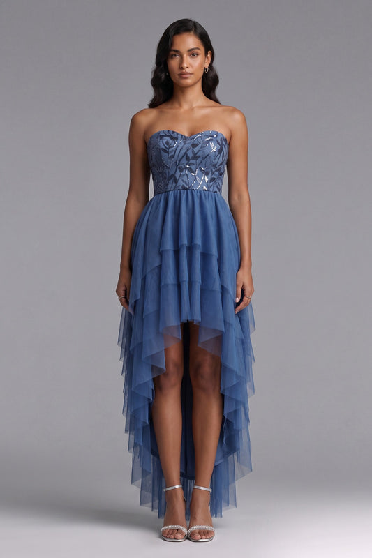 slate blue tulle high-low A-line dress slate blue tulle dress - product view 1