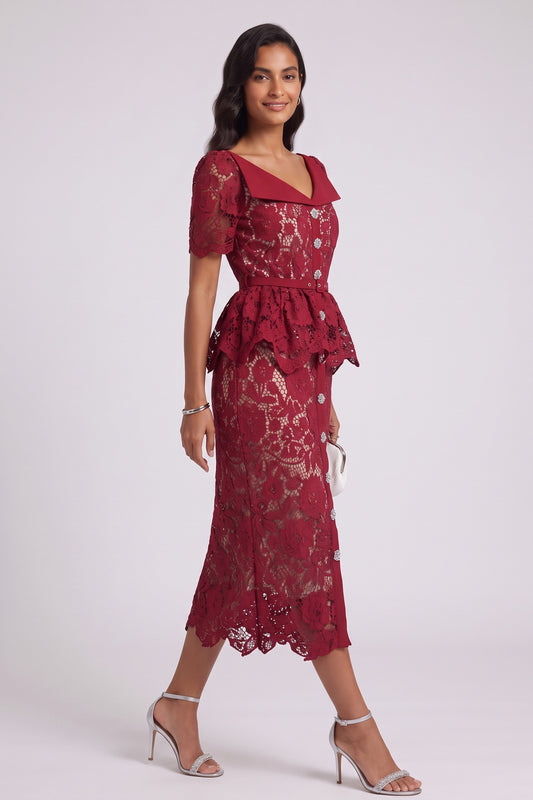 Dark Red Corded Floral Lace Sheath with Peplum Dress dark red corded floral lace dress - product view 4