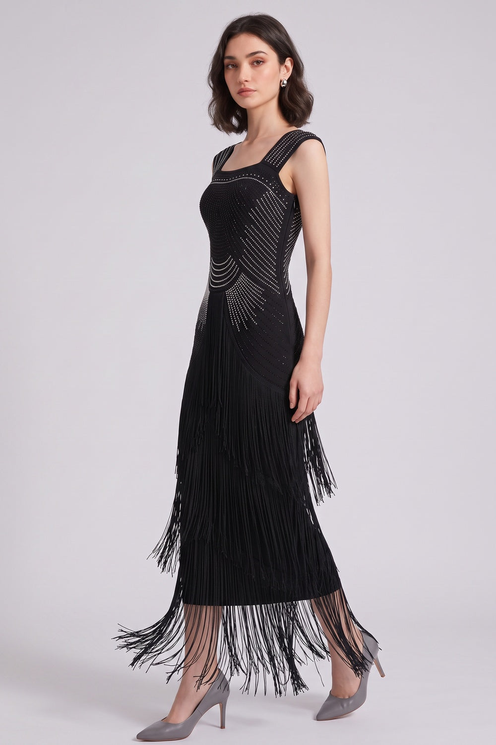 Black Art Deco Beaded Sheath Dress with Tiered Fringe black stretch knit dress - product view 3