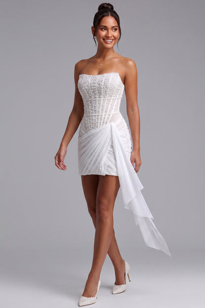 White Structured Crepe Fitted Corset Mini Dress with Draped Wrap Skirt white structured crepe mini dress - product view 4