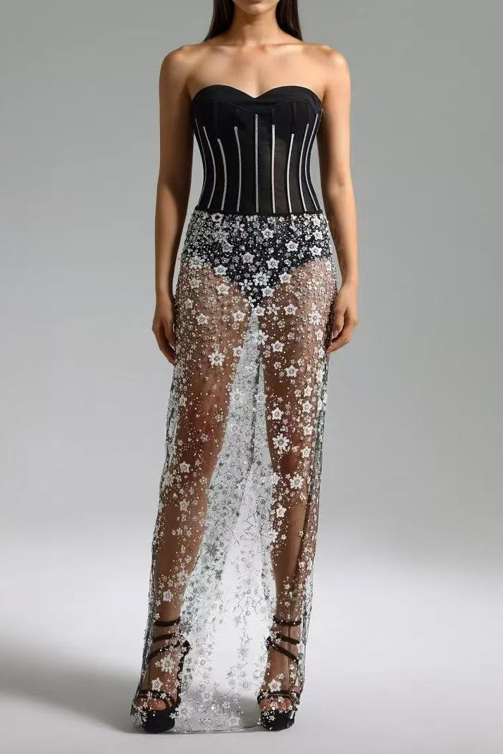 Ophélie black Strapless Corset Sheer sequined flower midi dress