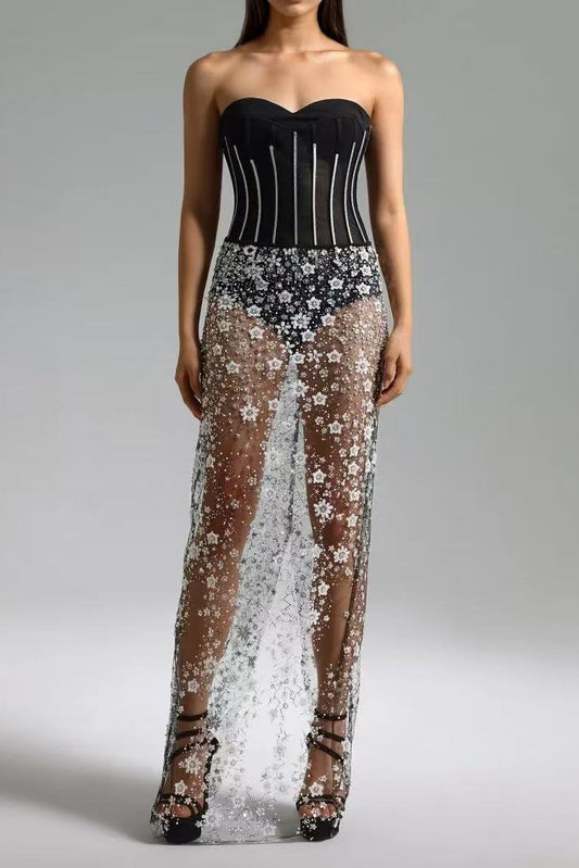 Ophélie black Strapless Corset Sheer sequined flower midi dress