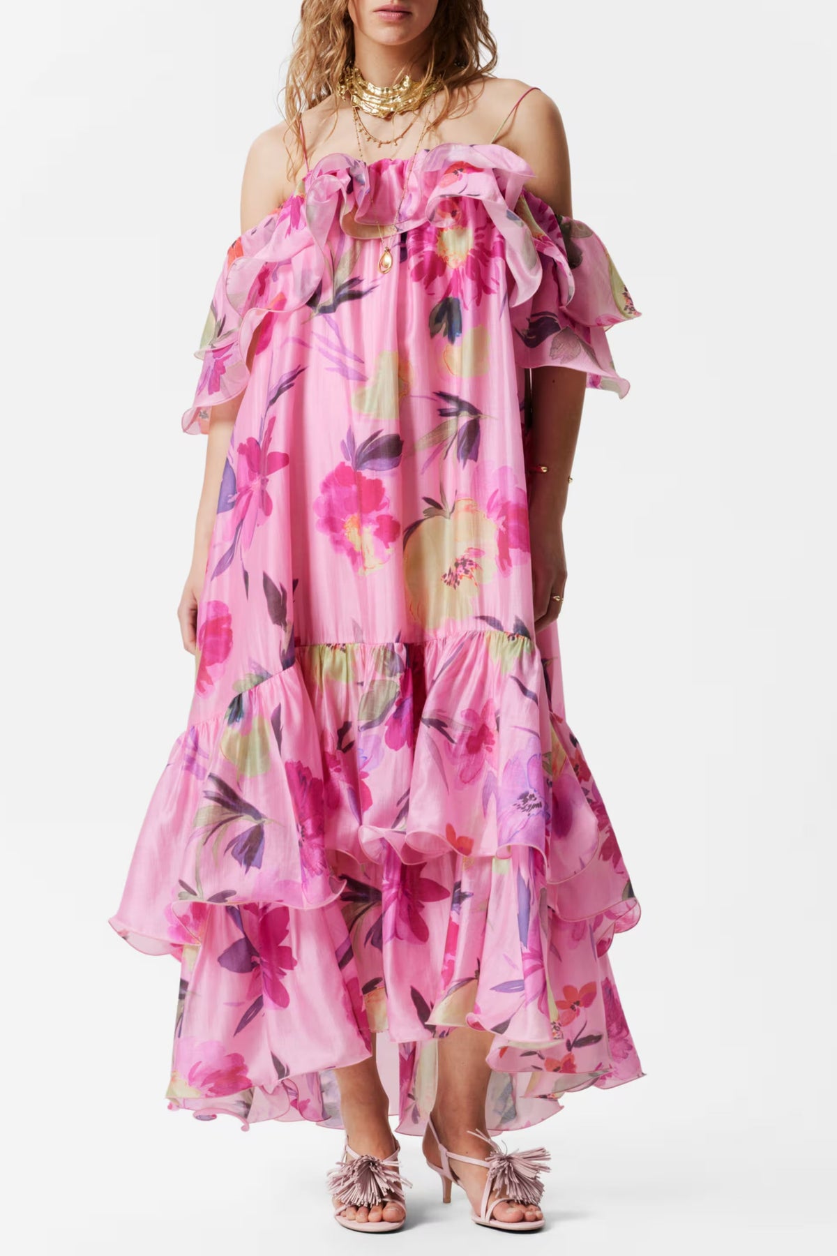 hedwig off-shoulder floral printed ruffle maxi dress in rose red