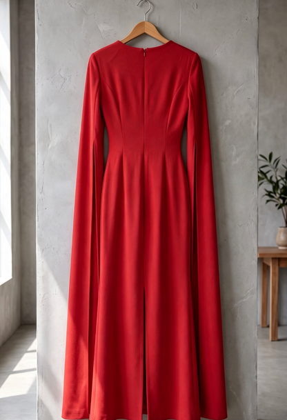 Red Crepe Column Gown with Cape Sleeves