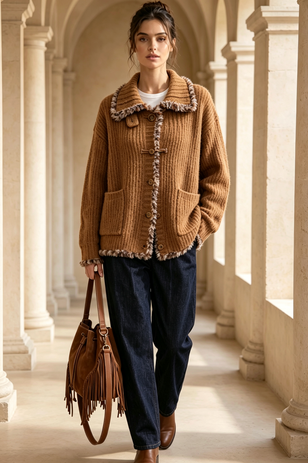 Caramel Brown Textured Mohair-Blend Knit Boxy Cardigan Jacket