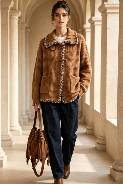 Caramel Brown Textured Mohair-Blend Knit Boxy Cardigan Jacket