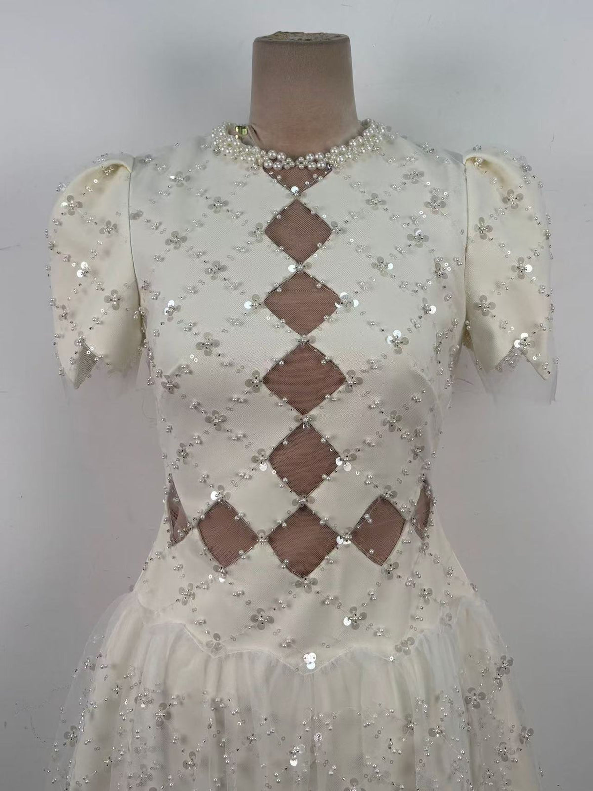 Henrietta Ivory Sequin Mini Dress with Mesh Panels