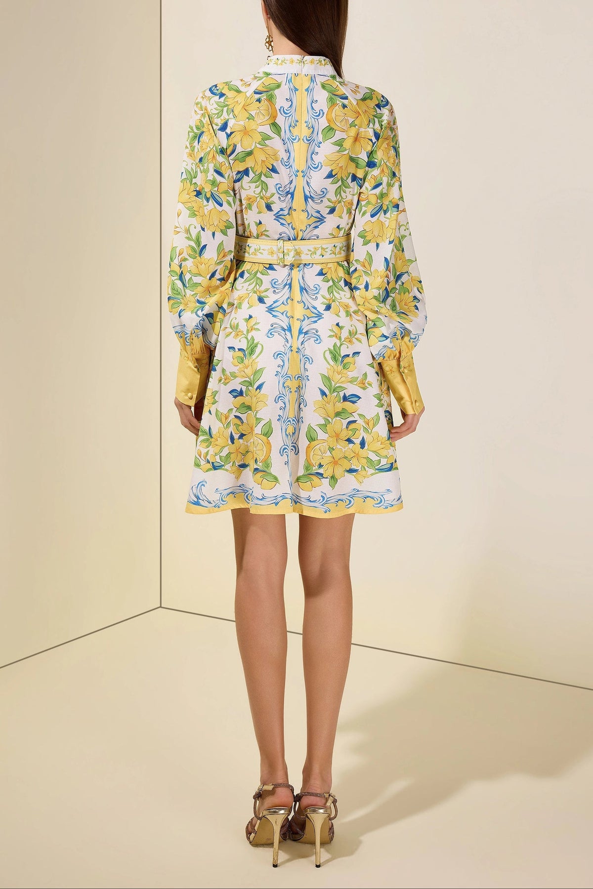 Lemon Floral Single-Breasted Midi Dress With Belt - yellow