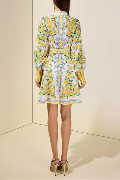 Lemon Floral Single-Breasted Midi Dress With Belt - yellow